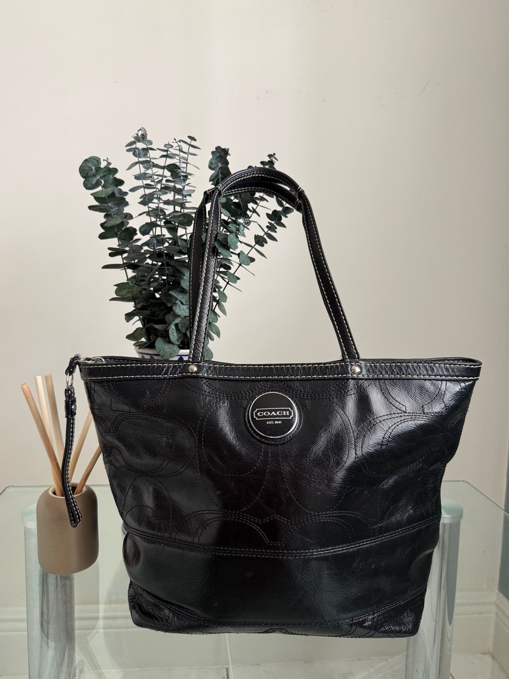 Coach Black Leather Tote with Signature Pattern